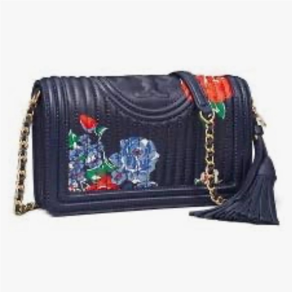 TORY BURCH FLEMING SOFT PRINTED CONVERTIBLE SHOULDER BAG IN NAVY TEA ROSE🌺 - Picture 2 of 4